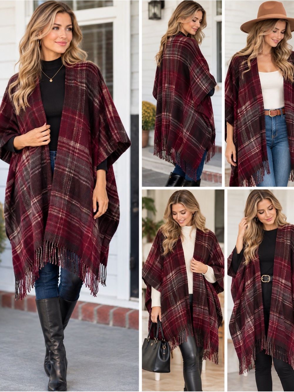 Woolrich Shaw Wrap Shrug Burgundy Plaid Equestrian Cottagecore Preppy -OS